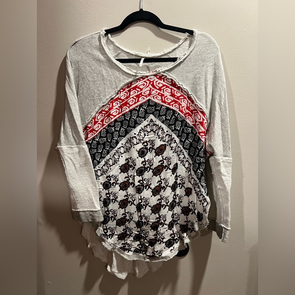 Free People Gray and Red Patterned Top
